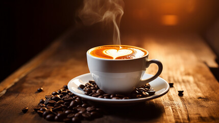 Fototapeta premium red eye coffee in an early morning cafe. simple coffee art on wooden table with heart shape
