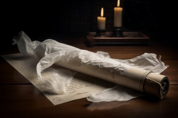 Ghost story parchment. Mystery and interesting papers burnings candles. Generate AI