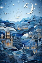 Paper quilling Landscape in Winter, Christmas Scene, Paper Art, für Calendar or Wallpaper - obrazy, fototapety, plakaty