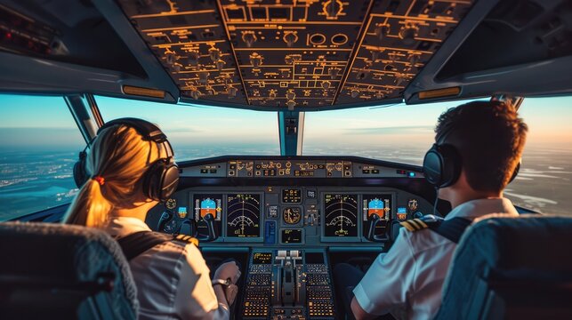 Pilot and copilot in the airplane cockpit, AI generated Image