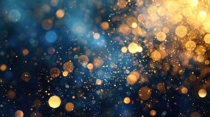 Background of abstract glitter lights. Blue, gold and black. Abstract bokeh banner
