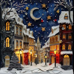 Paper quilling Landscape in Winter, Christmas Scene, Paper Art, für Calendar or Wallpaper - obrazy, fototapety, plakaty