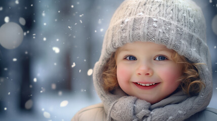 Cute child with happy face with snowflakes