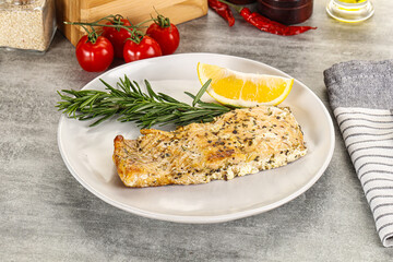 Baked salmon fish served rosemary