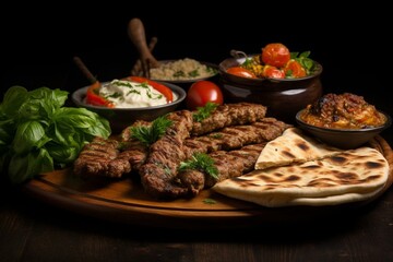 Traditional Ramadan mix with kebab, chicken, lamb, liver, beef on bread and lahmacun. Generative AI