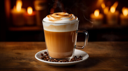 smoked butterscotch latte on wooden table in a rustic lodge-style cafe with fireplace