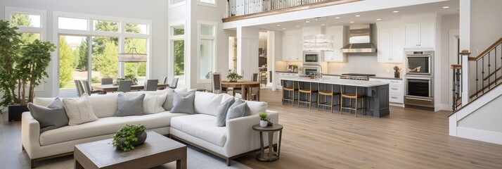 Beautiful and large living room interior with hardwood floors and vaulted ceiling in new luxury home. View of Kitchen, entryway, and second story loft style area