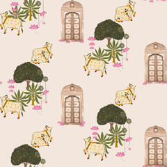 A Beautiful Indian Cow Pichwai Art Illustration with blue background Interior Wall Decoration seamless pattern  © Elvi