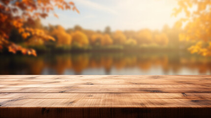 Naklejka na ściany i meble Empty wooden table over blurred bokeh lake nature