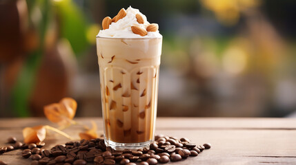 vanilla almond iced coffee in a nut orchard themed cafe with blurred background