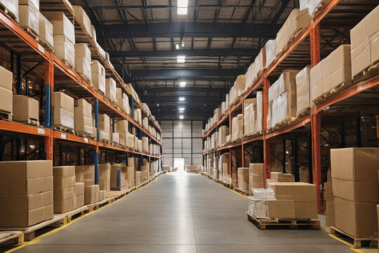 Explore the vastness of our warehouse scene, filled with neatly stacked boxes and towering shelves. A perfect image for conveying scale and logistics efficiency.
