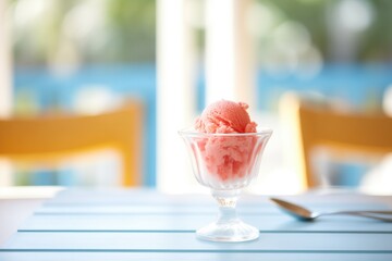 close-up of raspberry sorbet in natural light on table