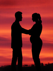 Silhouette Körper Profil - Junges Paar mit Freude - Frau schwanger mit Babybauch - Schwangerschaft