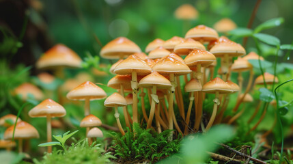 Fototapeta premium Natural mushrooms growing, psilocybin, fungi, shrooms, treatment, therapy, medicine, toadstools, magic, natural, brown, white