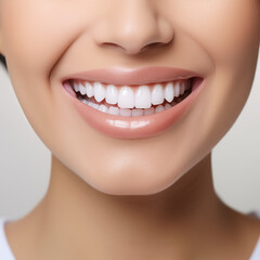 Idealny uśmiech zdrowych zębów młodej kobiety. Wybielanie zębów. Pacjentka kliniki stomatologicznej. Stomatologia. Białe tło. Ujęcie samej jamy ustnej - obrazy, fototapety, plakaty