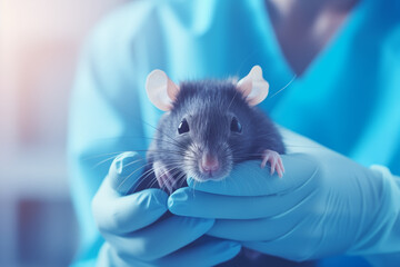Close up of female doctor wearing medical gloves holding a cute rat in her hands. Veterinary clinic specializing in pet health. Blur the background. Best patient. Banner copy space - obrazy, fototapety, plakaty