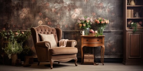 Fototapeta na wymiar Old-fashioned rustic interior design featuring a vintage room with wallpaper and an armchair.