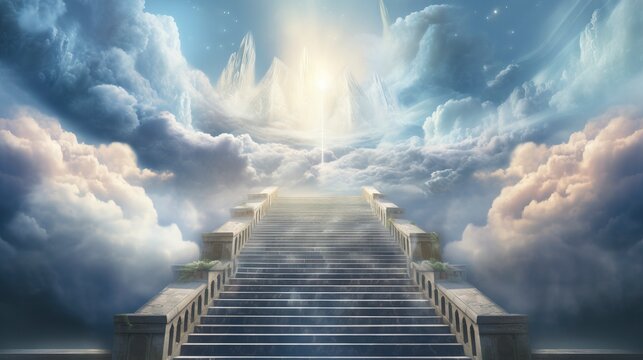 Stairs towards the heavens, in the style of spiritual landscape.