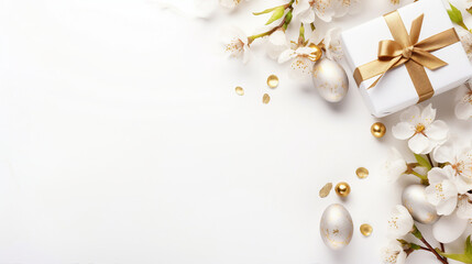 Easter Bliss: Stunning Layout with Eco-Wrapped Gifts, Golden Eggs, Cherry Blossoms, and Confetti on White Background - Top View, Copy Space Available