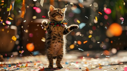 Cute kitten wearing dance costume. Funky cat dancer on stage with music, magical party confetti background. Funny pet animal portrait 3d digital art cartoon, notebook cover, poster for kid's room.