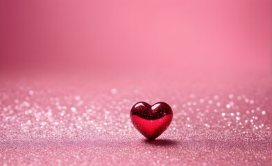 Fototapeta premium A small red heart on a sparkling soft pink background. Generative AI