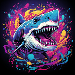 t-shirt print, retrowave shark with teeth, vivid colors, detaile