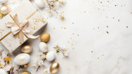Obraz na płótnie Canvas Easter Bliss: Stunning Layout with Eco-Wrapped Gifts, Golden Eggs, Cherry Blossoms, and Confetti on White Background - Top View, Copy Space Available