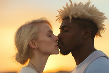 Romantic ethnic couple. White beautiful girl and black men with hairstyle loving together. Generate AI