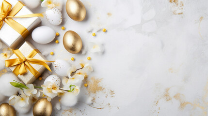 Obraz na płótnie Canvas Easter Bliss: Stunning Layout with Eco-Wrapped Gifts, Golden Eggs, Cherry Blossoms, and Confetti on White Background - Top View, Copy Space Available
