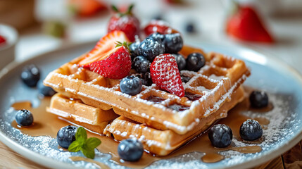 Viennese waffles with blueberries and wild strawberries on a plate. - obrazy, fototapety, plakaty