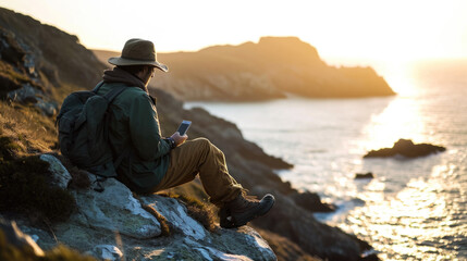 Traveler is sitting on a rocky cliff, reading a book with a serene sunset over the sea in the...