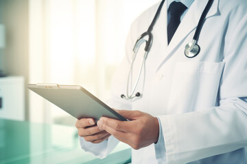 Close-up of a male doctor's hands using a digital tablet in a clinic. Doctor wearing lab coat and stethoscope holding digital tablet and reading patient report. Medical report, space for copying