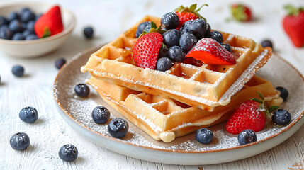 Viennese waffles with blueberries and wild strawberries on a plate. - obrazy, fototapety, plakaty