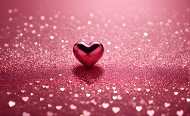 Fototapeta premium A small red heart on a sparkling soft pink background. Generative AI