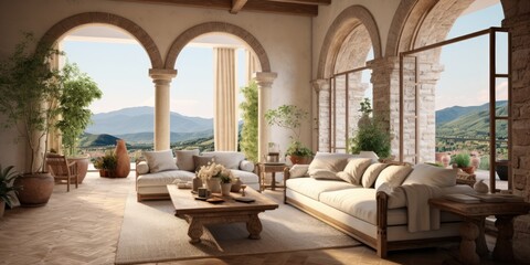 Italian styled countryside villa living room interior.