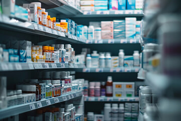 Closeup, pharmacy and medicine with healthcare, pills and shelf with boxes, bottles and treatment. Zoom, medication and package with container, retail and store with pharmaceutical, items or products