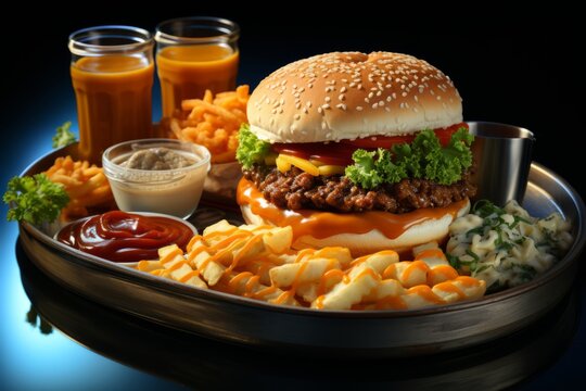 Cheeseburger Combo Meal on Tray, on an isolated Tray Service Blue background, Generative AI