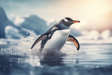 Fototapeta premium Penguin sliding ice. Oceanic polar bird creature in cold marine water. Generate ai