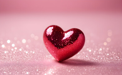 Obraz premium A small red heart on a sparkling soft pink background. Generative AI