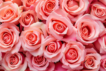 Fototapeta premium Pink roses. Bouquet of pink roses. Valentine's day, wedding day background. Rose petals. Close-up with amazing pink roses. Valentine and wedding border. Place for logo. Copy space. Banner