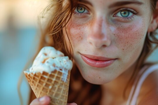 Close up image of blonde woman eating her favorite tasty cone ice-cream, wearing white clothes and accessory, Portrait