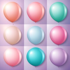 Set of round helium balloons in soft pastel colors, Festive decorative element in realistic 3d design. Decor for Valentine's day, wedding and birthday