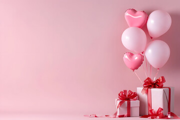 Valentine's day background with gift boxes and balloons. 3d rendering