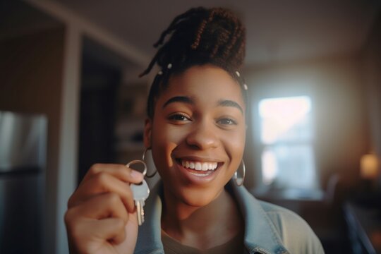 Person receives keys home. Happiness and smiling black girl with hairstyle. Generate AI