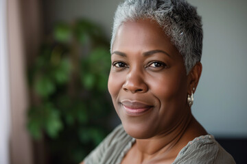 Fototapeta premium Celebrating Life at 50: A Gracious Smile. Close-up portrait of a happy plus size beautiful African American woman in her 50s. Middle-aged woman with a short gray hairdo looking at camera.