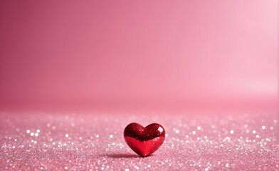 Fototapeta premium A small red heart on a sparkling soft pink background. Generative AI