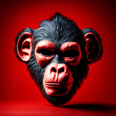 Monkey mask in the middle of a bright red background.