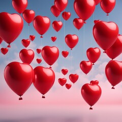 Red Heart balloon levitated, floating on red background with empty poster.