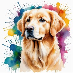 Watercolor cream golden retriever dog with watercolor splashes