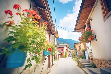 narrow alley with vines and flowers in a sunny mountain village